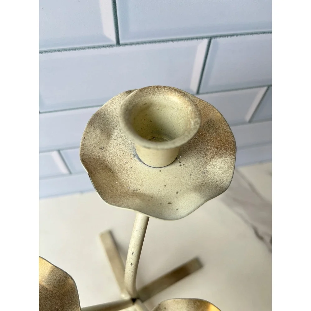 Vintage Metal 3‎ Arm Candelabra Distressed Cream Gold Scalloped Centerpiece